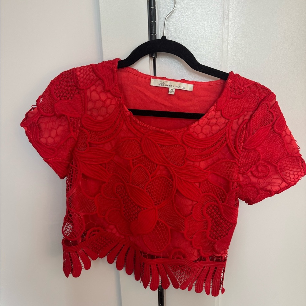 Lovers + Friends Red Puff Sleeve Crop Blouse